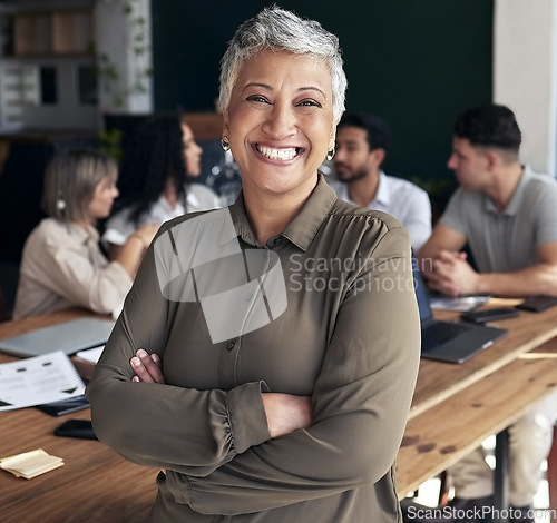 Image of Proud, happy portrait and business woman in meeting for professional leadership, management or planning mindset. Indian person, manager or boss with arms crossed for career goals and office happiness