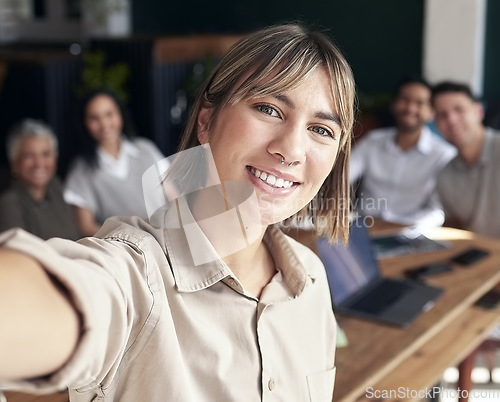 Image of Business woman, team selfie and startup in portrait, smile or happiness for company growth in office. Leader, profile picture and happy for teamwork, collaboration or support in development of vision