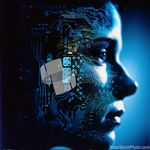 Image of Face, woman and futuristic 3d profile in studio isolated on a background or backdrop. Person, bot or droid with digital circuit, bionic or robotic cyborg generated with cyber computer innovation