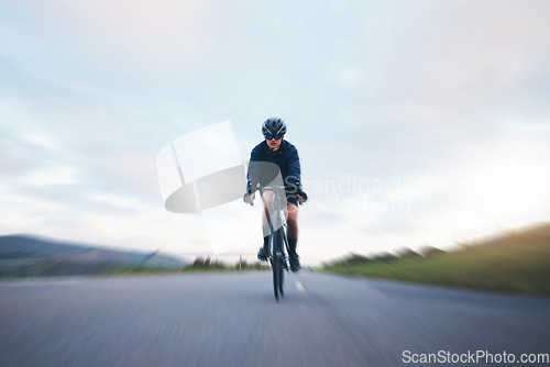 Image of Fast, race and cycling with woman in road for training, competition and championship. Workout, sports and triathlon with female cyclist riding on bike for freedom, exercise and speed with motion blur