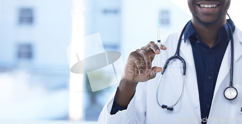 Image of Doctor, needle for injection and vaccine, man in healthcare and medicine with mockup space. Virus treatment, health insurance and medical professional person at hospital with cure or immunization