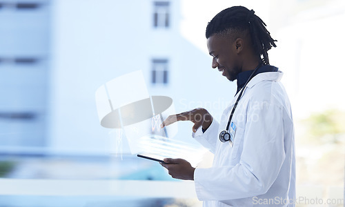 Image of Technology, doctor and mockup, tablet with hologram for futuristic or virtual medical information in hospital. Black man, health care in Africa and cyber consultation for data on health and happiness