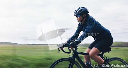 Image of Bicycle, exercise and woman cyclist ride outdoors for fitness, training and workout for wellness and health. Mockup, bike and female person riding as challenge, travel and cycling for cardio