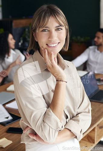 Image of Portrait, smile and professional with a business woman intern standing in the office for coaching or development. Happy, workshop and confidence with an attractive young female employee at work