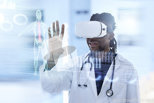 Image of Doctor, virtual reality and man with x ray in health and digital transformation, anatomy and overlay. Tech growth in medicine, medical data on screen with black male in VR goggles and futuristic