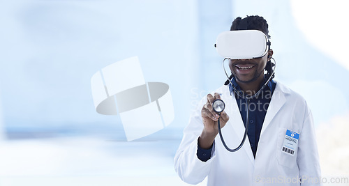 Image of Ai healthcare, checkup and black man with glasses for a metaverse consultation and health app. Mockup, futuristic and African doctor consulting with goggles and stethoscope in a virtual reality