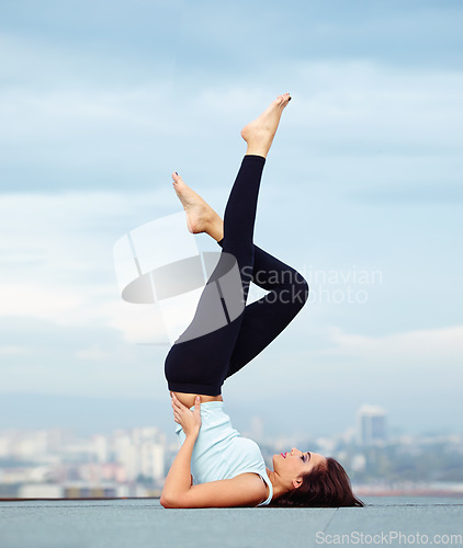 Image of Yoga, stretching legs and woman with cityscape, health and wellness with balance for healthy body exercise. Health care, pilates and mindfulness, workout for girl and view of city from rooftop mockup