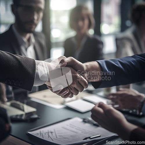 Image of Business people, shaking hands and corporate meeting in conference for b2b, deal or agreement at office. Employees handshake in collaboration, teamwork or welcome for introduction or team greeting