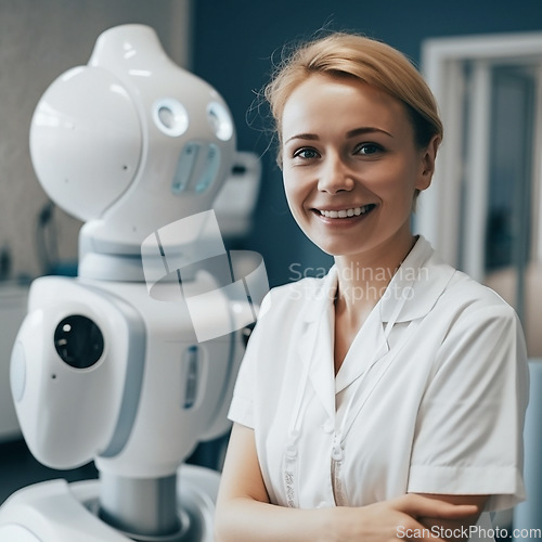 Image of Portrait, doctor and robot in future hospital of healthcare with automation innovation and ai generated tech. Arms crossed woman, happy and robotic assistant in clinic for futuristic help by machine