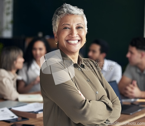 Image of Leader, portrait and woman arms crossed in meeting with professional leadership, business management planning and mindset. Indian person, manager or boss proud for career goals and office happiness