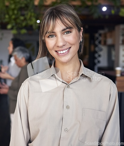 Image of Portrait, happy and professional with a business woman intern standing in the office for coaching or development. Smile, workshop and confidence with an attractive young female employee at work