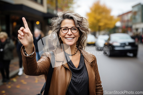 Image of Woman with glasses hailing taxi