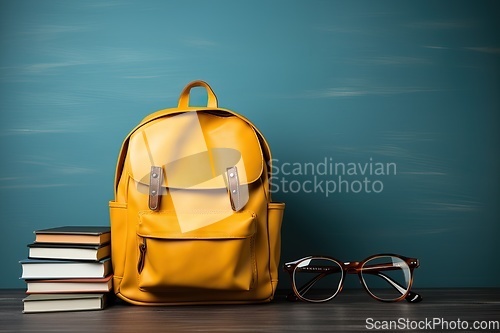 Image of Backpack and stack of books on table