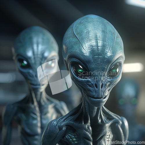 Image of Alien attack or abduction or in a UFO space ship, visitor or scary world or universe with invasion, technology and martians. A close up or portrait of aliens for horror, strange and special effects.