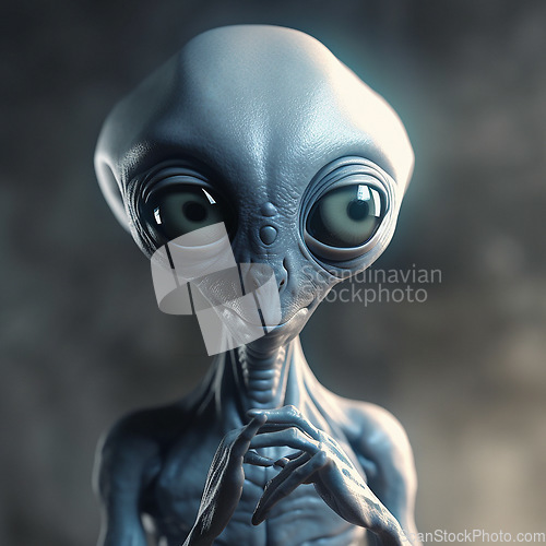 Image of Alien attack or abduction or in a UFO space ship, visitor or scary world or universe with invasion, technology and martians. A close up or portrait of aliens for horror, strange and special effects.