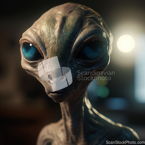 Image of Alien attack or abduction or in a UFO space ship, visitor or scary world or universe with invasion, technology and martians. A close up or portrait of aliens for horror, strange and special effects.