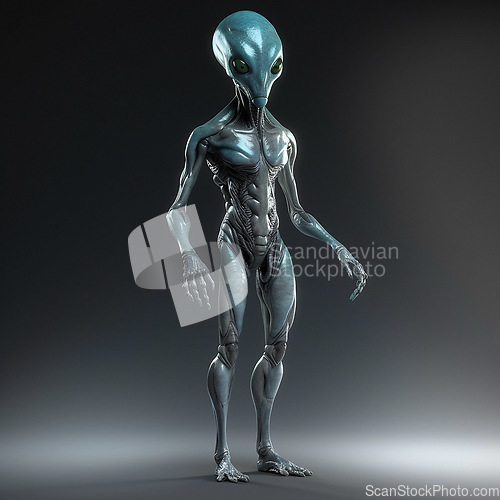 Image of Alien attack or abduction or in a UFO space ship, visitor or scary world or universe with invasion, technology and martians. A close up or portrait of aliens for horror, strange and special effects.