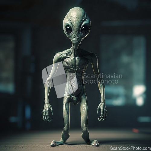 Image of Alien attack or abduction or in a UFO space ship, visitor or scary world or universe with invasion, technology and martians. A close up or portrait of aliens for horror, strange and special effects.