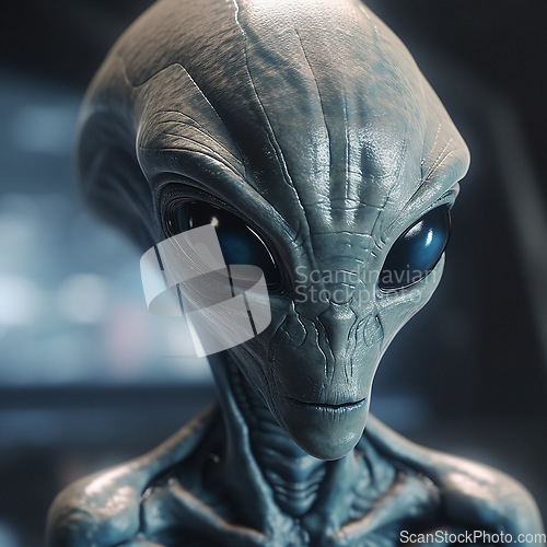 Image of Alien attack or abduction or in a UFO space ship, visitor or scary world or universe with invasion, technology and martians. A close up or portrait of aliens for horror, strange and special effects.