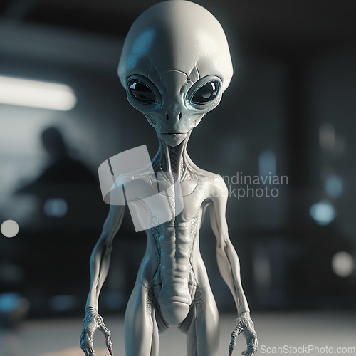 Image of Alien attack or abduction or in a UFO space ship, visitor or scary world or universe with invasion, technology and martians. A close up or portrait of aliens for horror, strange and special effects.