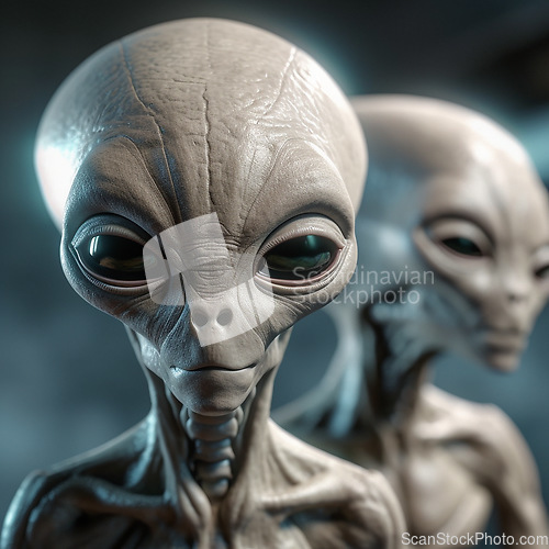 Image of Alien attack or abduction or in a UFO space ship, visitor or scary world or universe with invasion, technology and martians. A close up or portrait of aliens for horror, strange and special effects.