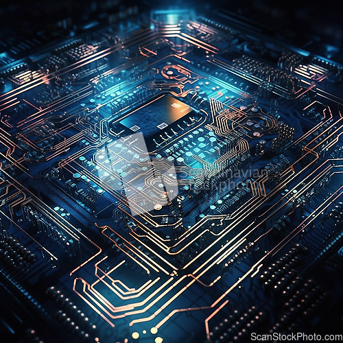 Image of Closeup, cpu and digital circuit with microchip, hardware and information technology coding. IT, data science and computer system with motherboard, programming or ai generated cyber security in night