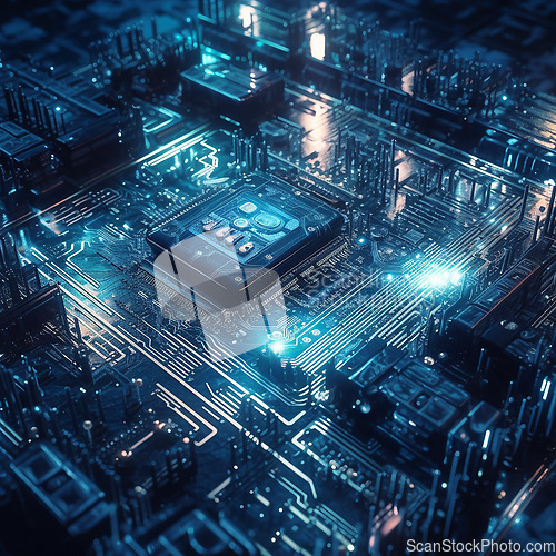 Image of Futuristic, computer and CPU chip of motherboard power or server machine technology for digital processing or circuit. Ai tech of electrical board of PC for data storage, information or system nodes