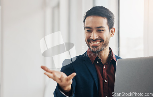 Image of Man, hand and invisible space in office with laptop for mockup with happiness, email and agenda. Asian entrepreneur, businessman and happy with computer for mock up, product placement and vision