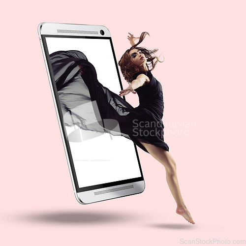 Image of Studio, phone screen and dance, woman in fabric dress on pink background for advertising or digital marketing. Performance, music app and mobile, dancer with mock space backdrop and product placement