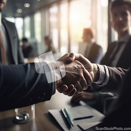 Image of Business people, handshake and corporate meeting for b2b, deal or partnership agreement at office. Employees shaking hands in collaboration, teamwork or welcome for introduction or team greeting