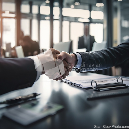 Image of Business people, shaking hands and partnership in corporate meeting for b2b, deal or agreement at office. Employees handshake in collaboration, teamwork or welcome for introduction or team greeting