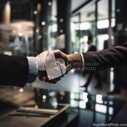 Image of Business people, handshake and partnership in corporate meeting for b2b, deal or agreement at office. Employees shaking hands in collaboration, teamwork or welcome for introduction or team greeting