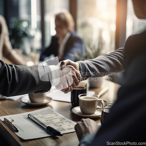 Image of Business people, handshake and corporate meeting in recruitment for b2b, deal or agreement at office. Employees shaking hands in collaboration, teamwork or welcome for introduction, welcome or hiring