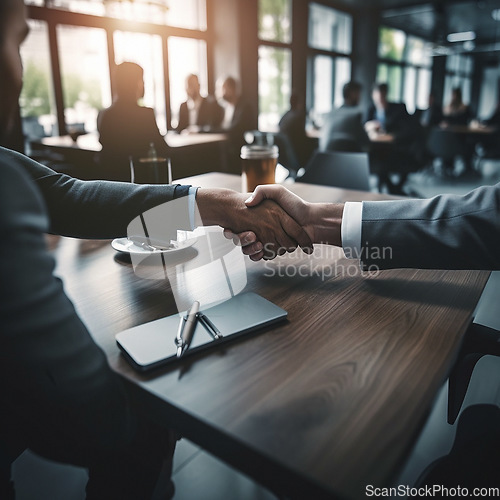 Image of Business people, handshake and partnership in corporate meeting for b2b, deal or agreement at office. Employees shaking hands in collaboration, teamwork or welcome for introduction or recruitment