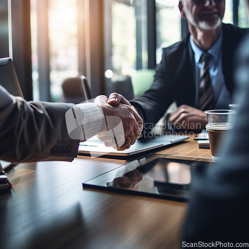 Image of Business people, handshake and partnership in meeting for deal, b2b or corporate agreement at office. Employees shaking hands in collaboration, teamwork or welcome for introduction or recruitment