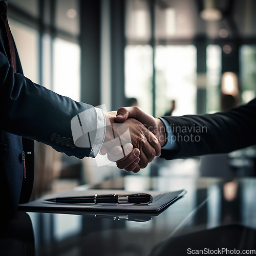 Image of Business people, handshake and partnership at night in meeting, b2b or deal agreement at office. Employees shaking hands working late in collaboration, team or welcome for introduction or greeting
