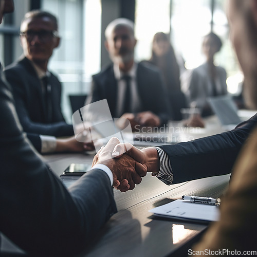 Image of Business people, handshake and corporate meeting in conference for b2b, deal or agreement at office. Employees shaking hands in collaboration, teamwork or welcome for introduction or team greeting