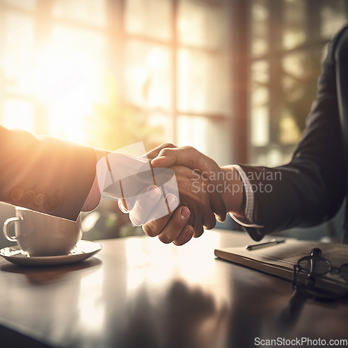 Image of Business people, handshake and partnership at night for b2b, deal or agreement in corporate recruitment at office. Employees shaking hands working late in teamwork collaboration, hiring or meeting