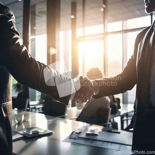 Image of Business people, shaking hands and partnership at night for b2b, deal or corporate agreement at office. Employees handshake working late in collaboration, teamwork or welcome in hiring or recruitment