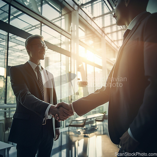 Image of Businessman, handshake and partnership in corporate meeting for b2b, deal or agreement at office. Employee men shaking hands in collaboration, teamwork or welcome for introduction or greeting at work