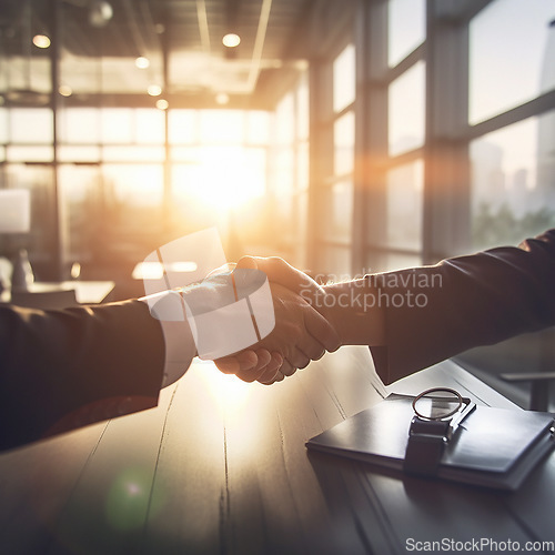 Image of Business people, shaking hands and partnership at night in corporate meeting for b2b, deal or agreement at office. Employees handshake working late in collaboration, team hiring and recruitment