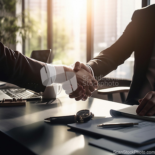 Image of Business people, handshake and partnership at night for deal, b2b or agreement in recruitment at office. Employees shaking hands working late in team collaboration, welcome or hiring process by desk