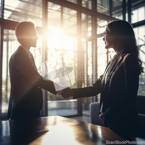 Image of Business people, handshake and partnership for b2b, introduction or deal agreement at corporate office. Businessman and woman shaking hands in collaboration, teamwork or welcome for recruitment