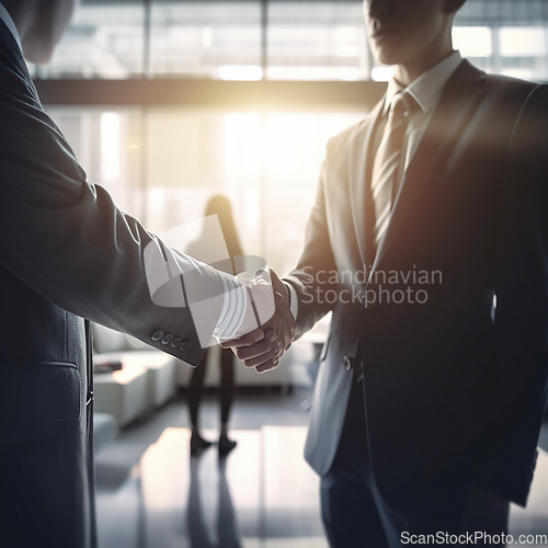 Image of Businessman, handshake and partnership in corporate b2b, meeting or deal agreement at office. Employee men shaking hands in collaboration, teamwork or welcome for introduction, hiring or recruitment