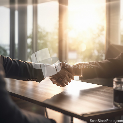 Image of Business people, handshake and partnership for b2b, deal or agreement in corporate meeting at office. Employees shaking hands in collaboration, teamwork or recruitment for interview or hiring at work