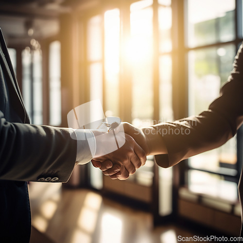 Image of Business people, handshake and partnership for b2b, deal or agreement in corporate growth at office. Employees shaking hands in collaboration, teamwork or welcome for hiring, recruitment or meeting