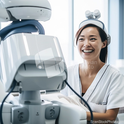 Image of Asian doctor, robot and hospital for future of healthcare with progress, smile and technology for ai machine. Woman, happy medic or robotic assistant in clinic for medical automation with innovation