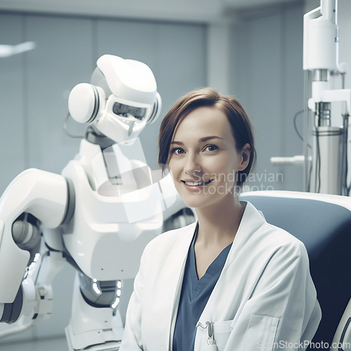 Image of Portrait, doctor and robot in clinic for future of healthcare with innovation, smile and ai generated. Woman, happy medic or robotic assistant in hospital for automation technology by medical machine