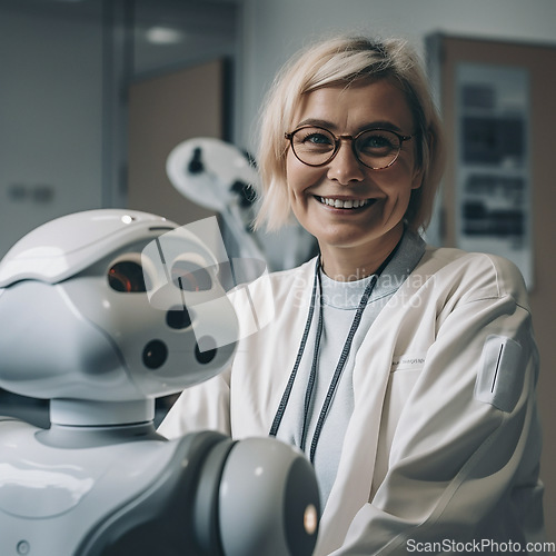 Image of Elderly doctor, robot and hospital for future of healthcare with smile, automation and development in lab. Woman medic, robotic assistant and ai generated portrait in clinic for research innovation