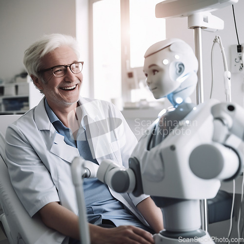 Image of Doctor, robot and hospital for future of healthcare with progress, smile and automated machine for ai generated tech. Senior man, happy and robotic innovation in clinic for futuristic research at lab